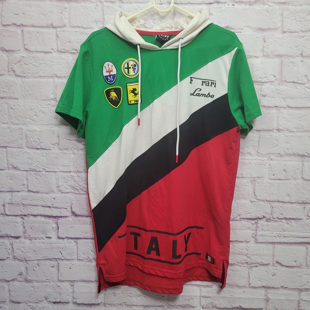 Krisp Italy Ferrari Lambo Hoodie‎ Sz M Short Sleeve Front Car Logos Urbanwear